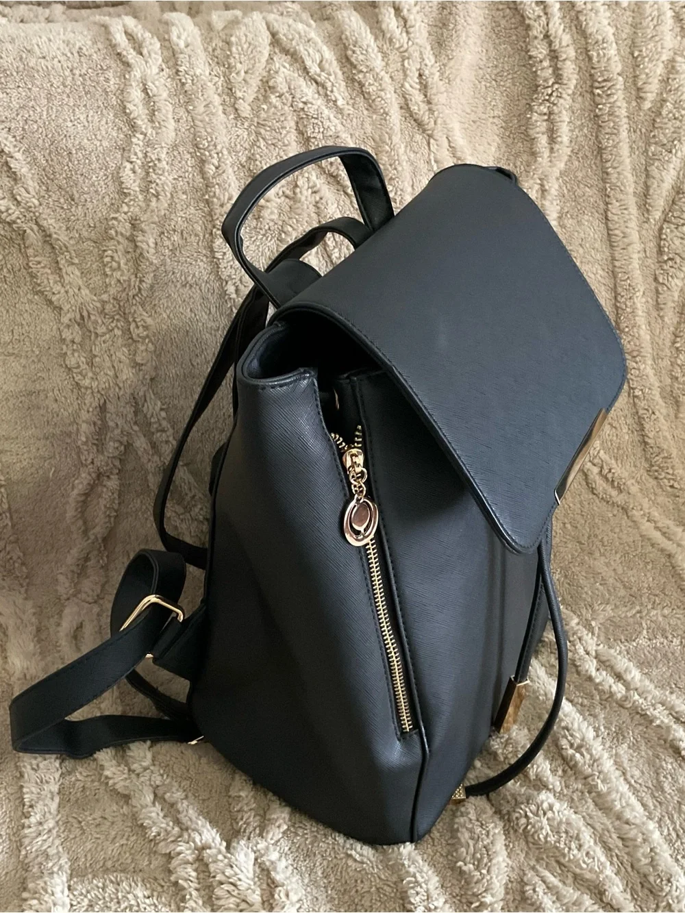 Women's Black Faux Leather Backpack with Gold Hardware